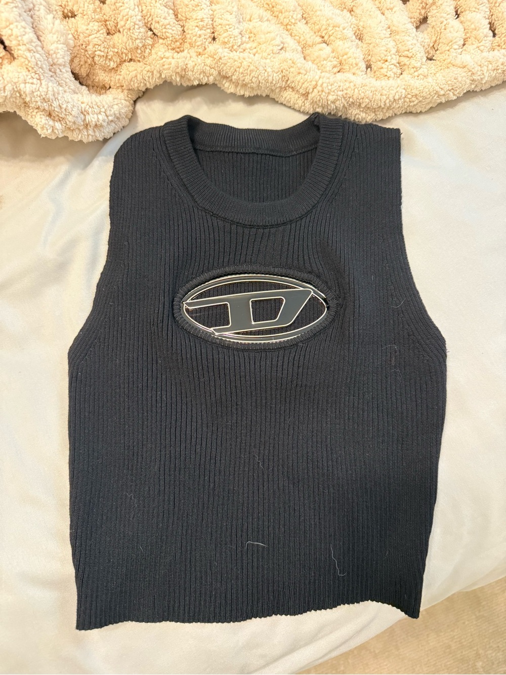 Black Ribbed Sleeveless Top with Oval Diesel Emblem no tag